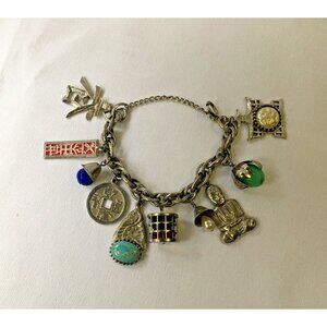 Vintage Chinese Charm Bracelet Loaded Tea House Buddha Dragon Enamel Silver Tone